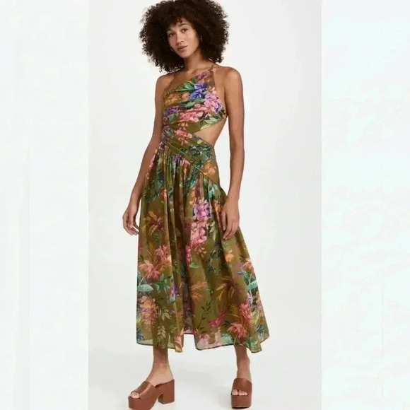 Zimmermann Tropicana Asymmetric Midi Dress Khaki Floral Cut Out 0P US 2 Cotton - Picture 2 of 11